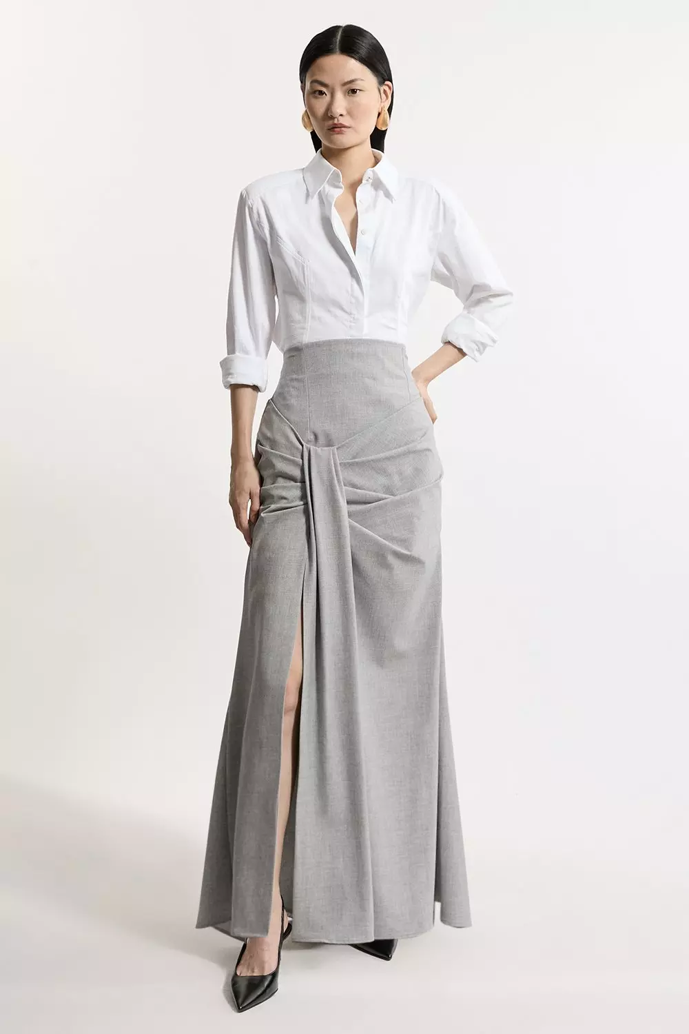 Karen Millen Womens Petite Tailored High Waisted Draped Maxi Skirt Grey Marl Size 8